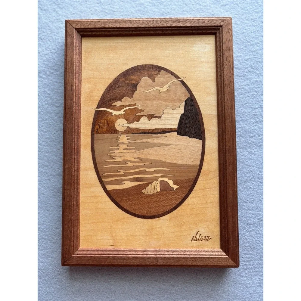 Jeff Nelson Signed Hudson River Inlay Seascape Wood Marquetry Framed Art EUC
